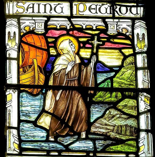St. Petroc stained glass St. Petroc Church, Dartmouth, Devon, England. Petroc lived in 500 AD. European Print